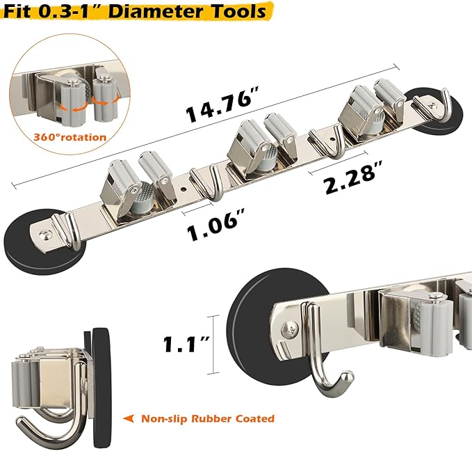 MUTUACTOR Magnetic Broom Holder,Non-slip Heavy Duty Broom and Mop Hanger Metal Tool Holder 3 Racks and 4 Hooks for Laundry Garage Kitchen Factories Workshops Organization and Storage(1 Set)-NeatNest