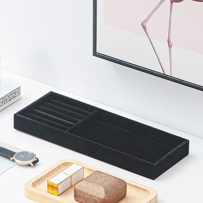 Divided Drawer Organizer - Velvet Jewelry Storage Tray for Necklace, Bracelet, Ring, Earring Display - Bedside Nightstand Desk Holder for Phone, Watch, Sunglasses, Cosmetics Storage - Black, 2 Grid-NeatNest