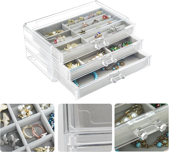 Acrylic Jewelry Box 3 Drawers, Velvet Jewellery Organizer, Earring Rings Necklaces Bracelets Display Case Gift for Women, Girls