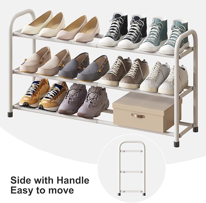 White Shoe Rack for Closet, 3-Tier Expandable Shoe Organizer for Closet, Metal Adjustable Black Shoe Shelf Storage Organizer, Free Standing Shoe Rack for Entryway Doorway-NeatNest