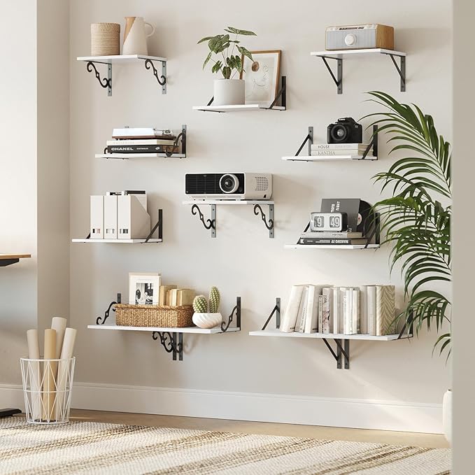 DINZI LVJ Deep Floating Shelves, 16" W x 12" D Wall Shelves Set of 2, Wide Display Shelf Wall Mounted with Brackets, Easy-to-Install Wall Bookshelf for Living Room, Bathroom, Bedroom, White-NeatNest