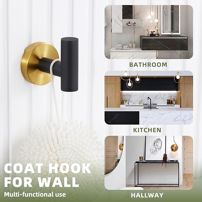 APLusee Bathroom Towel Hook Black & Gold, SUS 304 Stainless Steel Modern Robe Hook for Home Storage, Towel Hanger Wall Mounted
