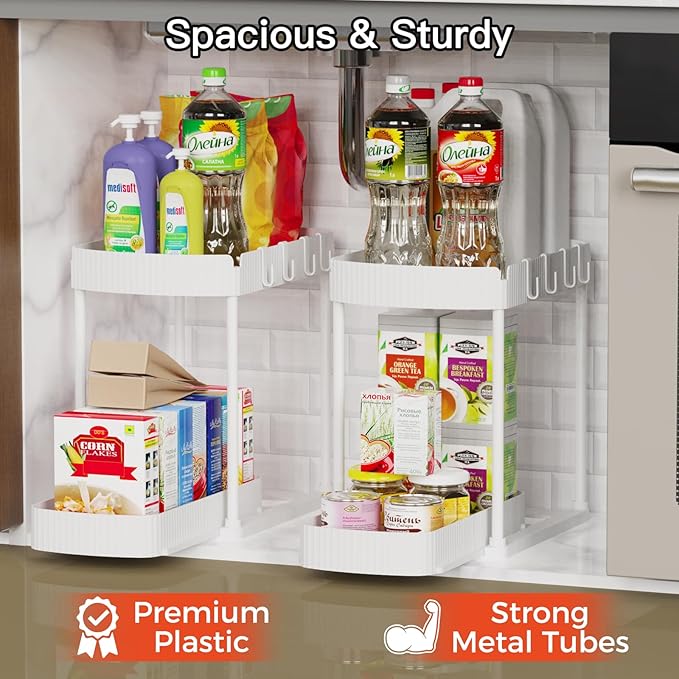 2 Pack Multi-Purpose Pull-Out Storage Organizers, Under Sink Organizers and Storage for Bathroom & Kitchen, Under Cabinet Organizers and storage, 14.8 Inch, White-NeatNest