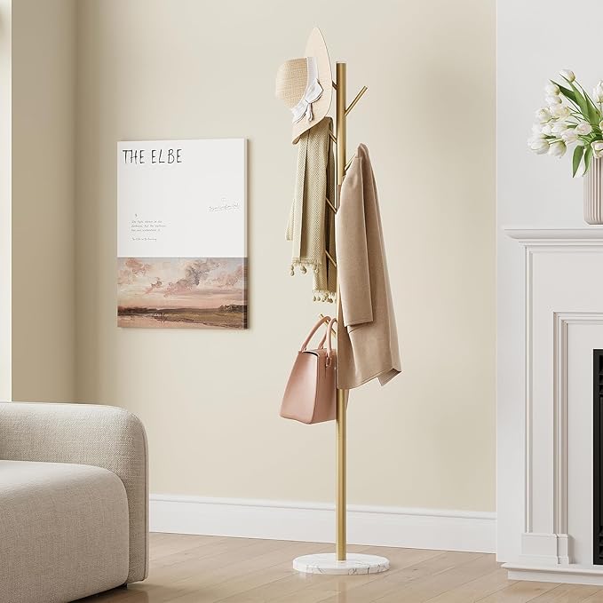 ELYKEN Coat Rack Freestanding with Natural Marble Base, Metal Coat Rack Stand with 10 Hooks, 3 Adjustable Size Coat Tree for Bags, Clothes, and Hats for Entryway, Bedroom, Hallway, Office, Gold-NeatNest