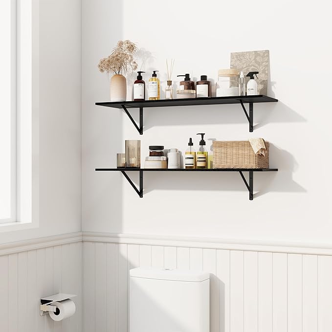 Fun Memories Deep Floating Shelves for Wall, 48W x 8D Wall Mounted Shelves Set of 2, Wide Display Ledge Shelf with Sturdy Metal Brackets for Living Room, Bathroom, Bedroom and Kitchen, Black-NeatNest