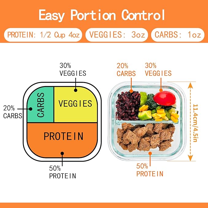 Bariatric Meal Prep Containers, 8 oz Glass Bariatric Portion Control Containers with Two 4 oz Compartments (3 Pack), Reusable Lunch Box Bento Box with Lids, Glass Snack Containers with Lids