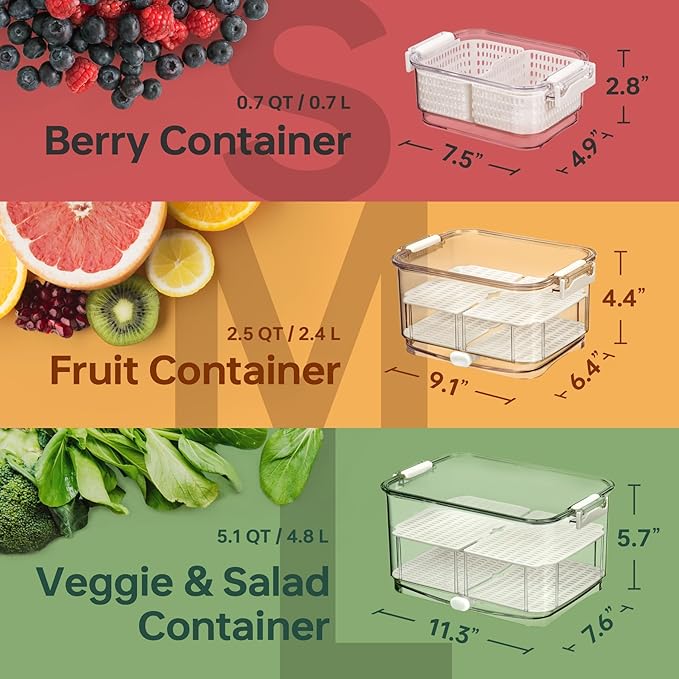 Felli Duo Fresh Produce Saver, ALL IN ONE Fridge Fruit Vegetable Container for Wash & Store with Vent & Drain Trays, Colander Strainer Bin for Refrigerator, Watermelon Berry Storage Keeper, Gifts