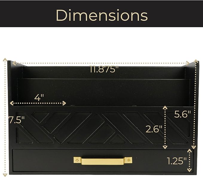 BLU MONACO Black Mail Organizer with Drawer and Gold Handle – Desktop Mail Holder and Office Supplies Storage – Home Office Desk Accessories – Letter Sorter and Paper Organizer-NeatNest
