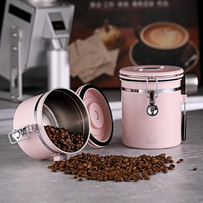 Bincoo Premium Pink Coffee Canister, 1500ml/18oz Large Airtight Stainless Steel Coffee Bean Storage Container with Date Tracker & Scoop (1500ML)-NeatNest