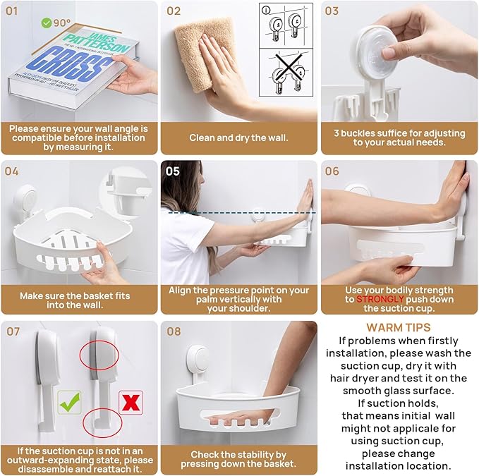 LEVERLOC Corner Shower Caddy Suction Cup, Shower Caddy Basket Powerful Suction Bathroom, Waterproof & Rustproof Organizer for Bathroom Storage, No-Drilling Removable (White)