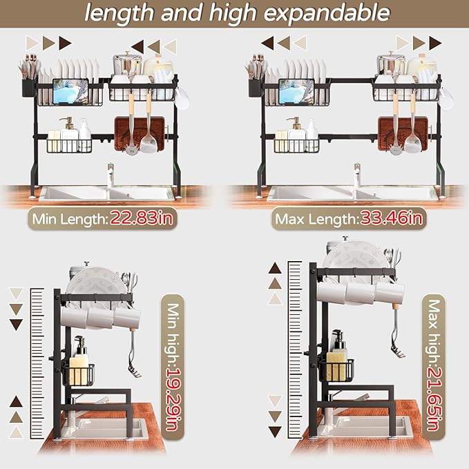 Over The Sink Dish Drying Rack, Expandable Height and Length, 2 Tier Large, Stainless Steel, 24-35.5 inches L x 12 inches W x 19-22 inches H