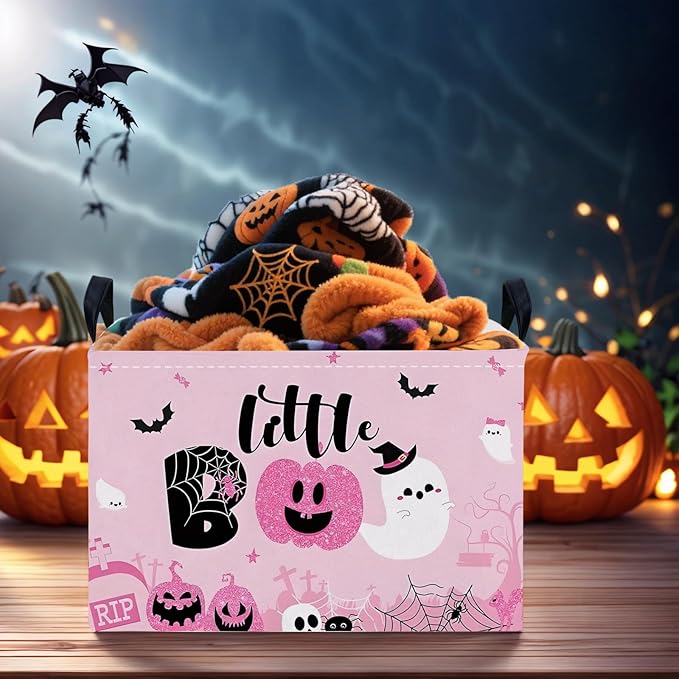 Halloween Basket Gift Cute Pumpkin Ghost Parties Decor Kid Trick or Treat Basket for Boys and Girls Rectangular Storage Bin Box (Pink)-NeatNest