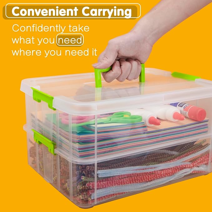 2 Layer Plastic Storage Containers with Lids, Multipurpose Clear Stack & Carry Box, Portable Craft Organizers and Storage Bin for Organizing Art & Craft, Sewing, Makeup, Nail Supplies (Green)