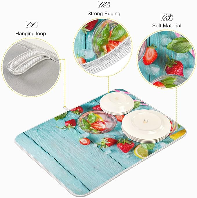 Absorbent Dish Drying Mat for Kitchen Counter - Strawberry Blue Wooden Microfiber Drying Pad, Reversible Drainer Mats for Countertop, Large 18" x 24"