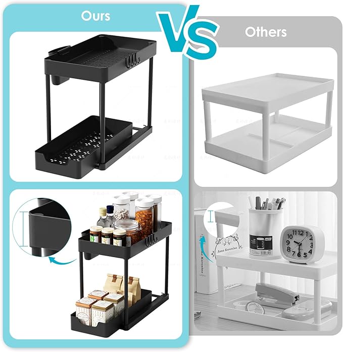 2 Pack Under Sink Organizer with Sliding Basket - 2 Tier Metal Cabinet Storage Shelf for Bathroom, Kitchen Sink - Adjustable Shelves, Space Saver,Black-NeatNest
