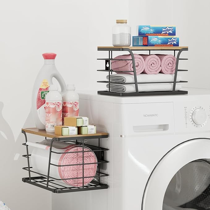 2 Pack Extra Large Stackable Pantry Storage Organizers, Laundry Room Organization, Wall Mount Trash Bag Holder for 13-33 Gallon Bags with Bamboo Top & Garbage Bag Dispenser, Black