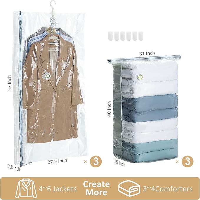 TAILI 6 Pack Vacuum Storage Bags, Combo Vacuum Seal Bags for Clothing (3 Long Hanging+3 Jumbo Cube), Space Saver for Clothes, Beddings, Blanket, Closet Organization and Storage, Cream