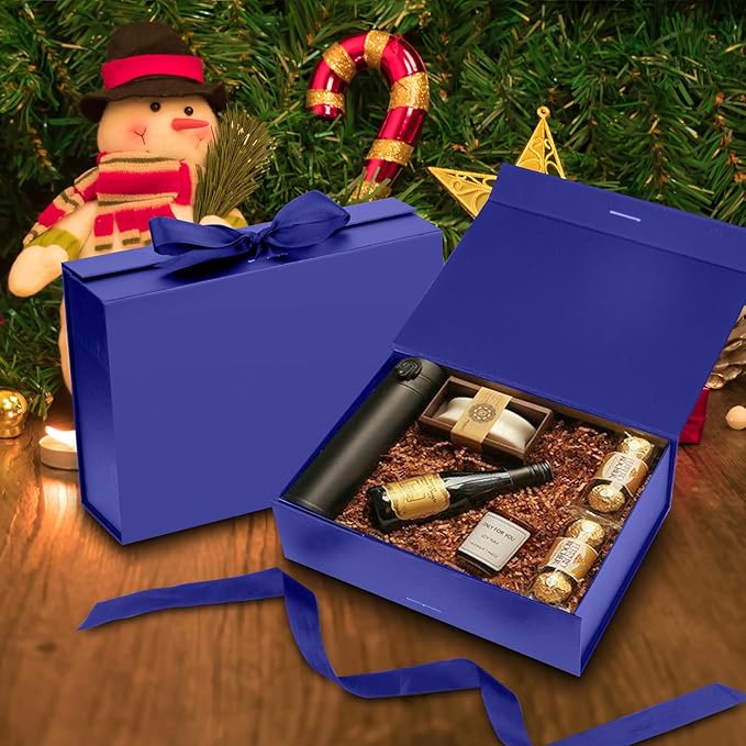 DaiJoob Gift Box with Lid for Presents 10.5x7.5x3.1 Inches with Ribbon and Magnetic Closure(1-Pack) (Blue)-NeatNest