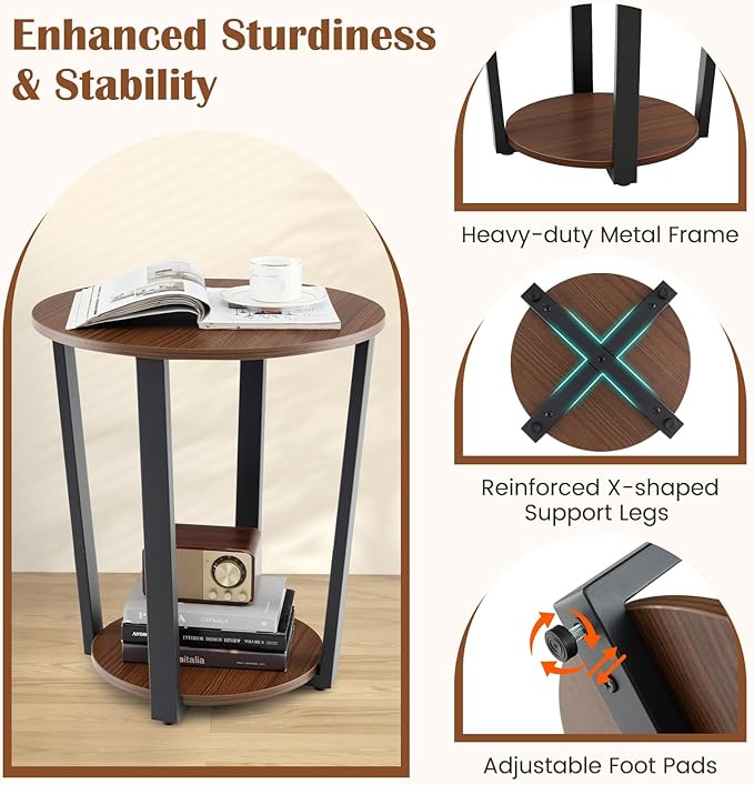 Giantex Round End Table Set of 2, 2-Tier Side Sofa Table with Open Storage Shelf and Metal Frame, Industrial Nightstand Bedside Table for Living Room, Bedroom, Small Space, Accent Furniture, Walnut