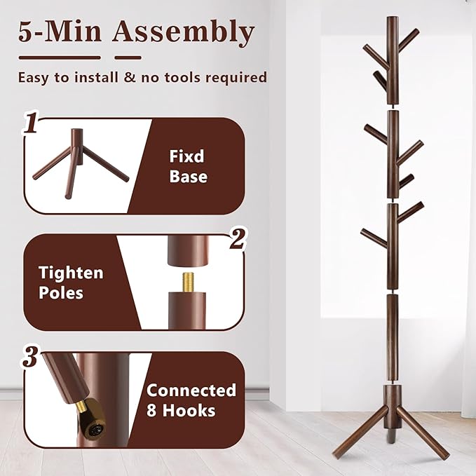 2 Pack Coat Rack, Solid Wood Coat Rack Freestanding with 8 Hooks & 3 Adjustable Heights, Simple Assembly Coat Tree for Hats, Bags, Wooden Coat Hanger Stand for Bedroom, Entryway, Office-NeatNest