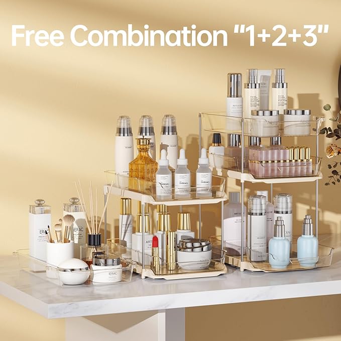 Delamu 2 Sets of 3-Tier Bathroom Under Sink Organizers and Storage, Multi-Purpose Stackable Pantry Organization and Storage, Beige-NeatNest