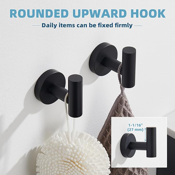 APLusee Matte Black Round Coat Hook 2 Pack, 304 Stainless Steel Bathroom Towel Hook, Wall Mounted