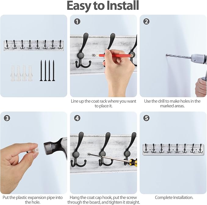 Coat Rack Wall Mount, Wooden Heavy Duty Coat Rack for Wall,8 Triple Coat Hanger Hooks for Hanging Coats,Jacket,Hat,Clothes (Grey White, 8 Hooks)-NeatNest