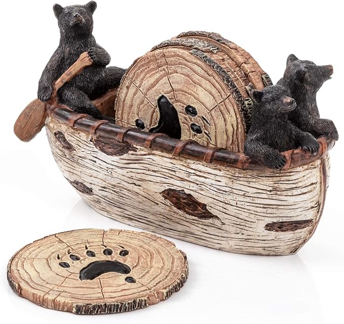 Bear Coasters Set of 6 Full Size Rustic Coasters in Handmade Canoe with Adorable Black Bear Figurines | Black Bear Log Cabin Decorations, Rustic Lodge Decor for The Home-NeatNest