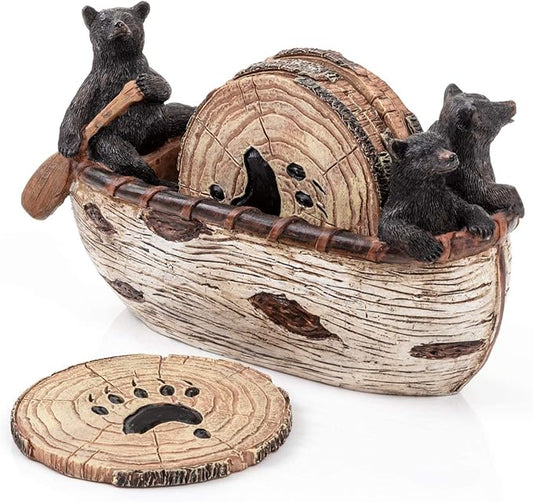 Bear Coasters Set of 6 Full Size Rustic Coasters in Handmade Canoe with Adorable Black Bear Figurines | Black Bear Log Cabin Decorations, Rustic Lodge Decor for The Home-NeatNest