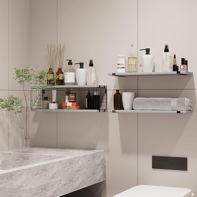 Fixwal 3+1 Tier Bathroom Floating Shelves Over Toilet, 15.8in Farmhouse Rustic Wood Shelves, Wall Decor for Bathroom, Living Room,Bedroom and Kitchen (Gray)-NeatNest