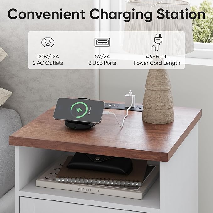 Farmhouse White Nightstand with Charging Station, Bedside Table with Storage, Rustic Side End Table with Walnut Top, Night Stands with Open Shelf for Bedroom