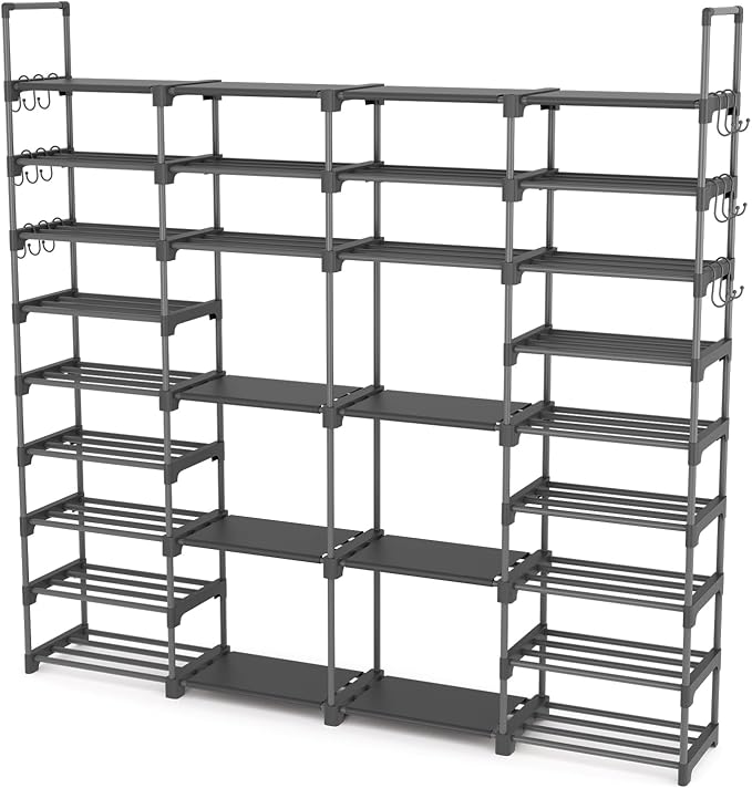 ROJASOP Large Shoe Rack Organizer for Entryway Closet 64-68 Pairs 9-Tier Heavy Duty Tall Garage Shoe Rack Shoe Shelf Shoes Storage with 18 Pcs Removable Side Hooks for Bedroom and Garage Grey-NeatNest