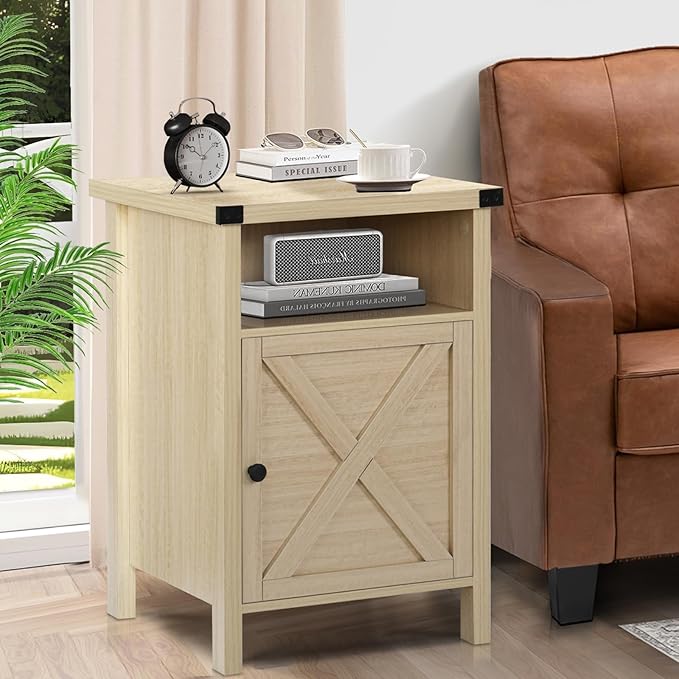 Farmhouse End Table, Side Table, Nightstang, End Table with Barn Door and Shelf, Rustic Modern Bed Night Stand for Bedroom, Living Room, Natural