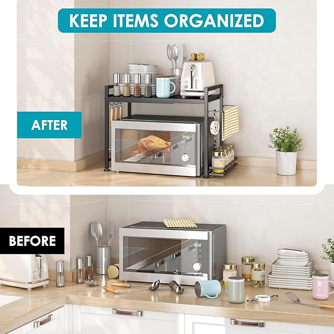 DOLALIKE Microwave Oven Rack, Expandable Microwave Stand Countertop Kitchen Utensils Tableware Storage, Carbon Steel Over Microwave Shelf Countertop with 6 Hooks-NeatNest