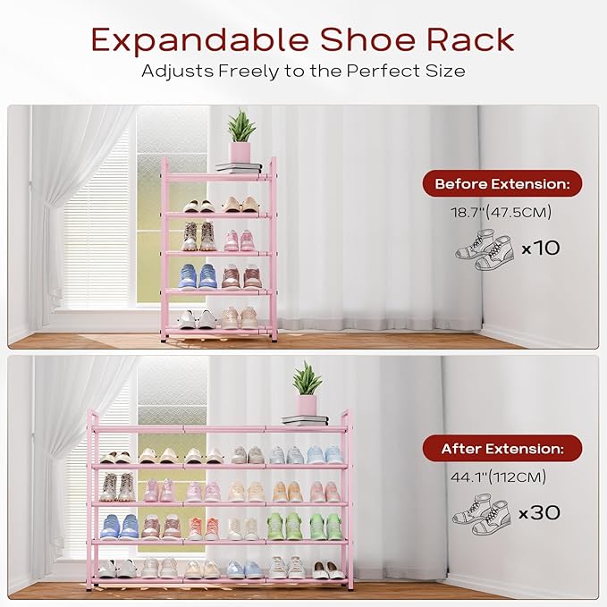 Bumusty 5-Tier Long Expandable Shoe Rack for Closet, 18"-44" Adjustable Shoe Rack for Entryway, 25-30 Pairs Large Shoe Organizer Shelf Storage, Sturdy Metal, Pink-NeatNest
