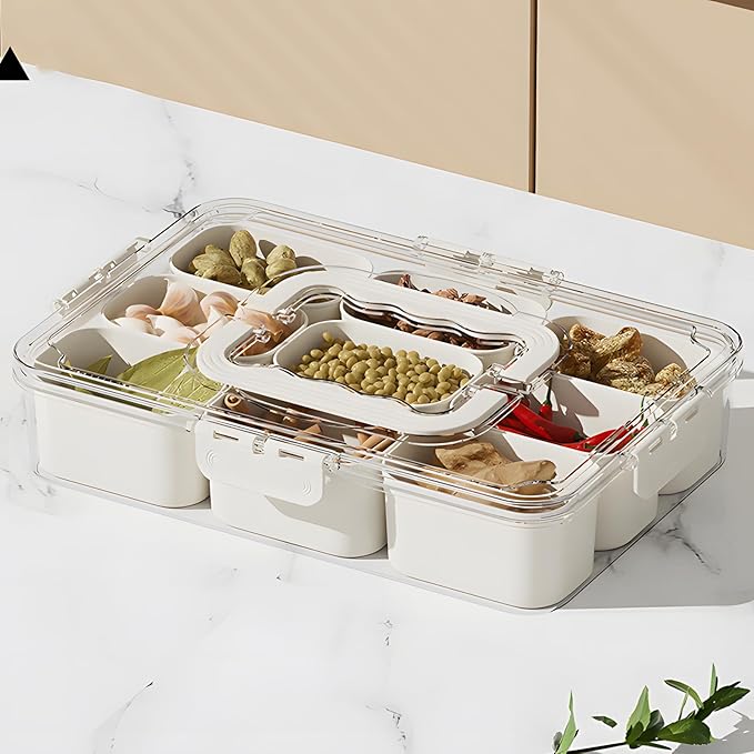 Divided Veggie Tray with Lid and Handle 9 Compartment Serving Tray with Dividers Portable Travel Snack Containers Stackable Snackle Box Charcuterie Container for Fruit,Vegetable,Salad (9 Containers)-NeatNest