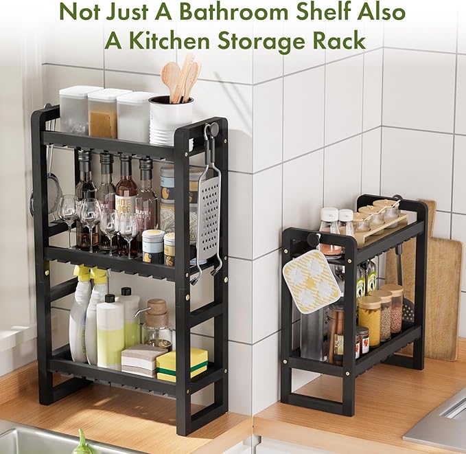 AmazerBath Bamboo Over The Toilet Storage Shelf - 3-Tier Bathroom Organizers and Storage Shelves, 2 in 1 Dual Stable Above Over Toilet Bamboo Shelf Home Storages Rack for Small Bathroom, Black-NeatNest