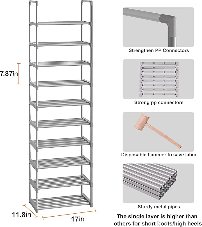 10-Tier Metal Shoe Rack, Narrow Shoe Rack Organizer, Sturdy Shoe Shelf for Closets, Entryway, Bedroom, Garage - Silver-NeatNest