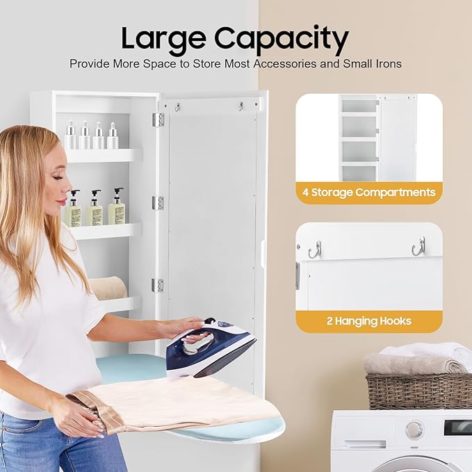 Ironing Board Cabinet Wall Mounted Storage Cabinet, Foldable Ironing Storage Station with Mirror, Built-in Rotating Ironing Board with Storage
