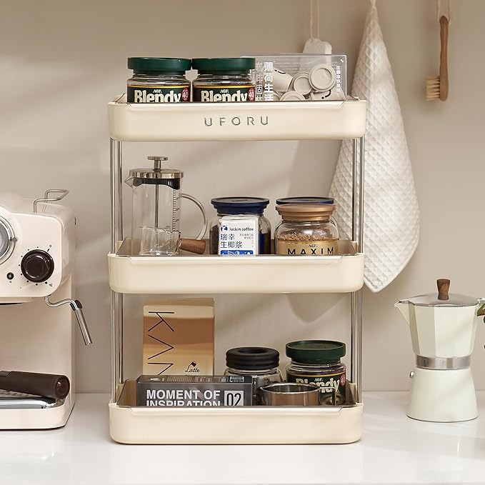 Countertop Coffee Station Organizer, 3 Tier Wine Glass Holder, Mug Shelf with Removable Drain Tray, Spice Rack for Kitchen, Bathroom Countertop Organizer, Cream White-NeatNest