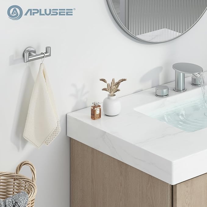 APLusee Bath Towel Hook, 304 Stainless Steel Double Robe Hanger Brushed Nickel, Functional Home Organizer Wall Mounted