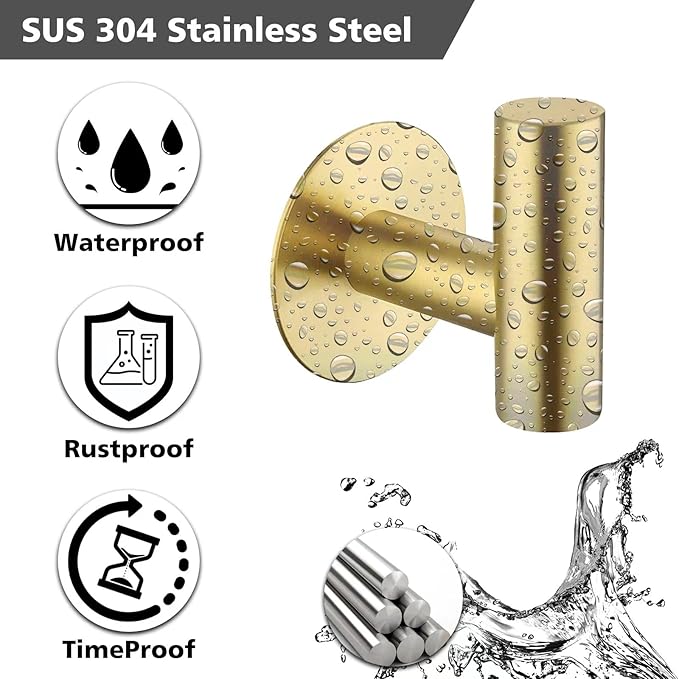 Adhesive Hooks Towel Hooks for Bathroom, Stainless Steel Waterproof Shower Hook Towels Holders, Coat Hook for Hanging Clothes, Wall Hooks Stick on Bathroom or Kitchen - 2 Pack, Gold