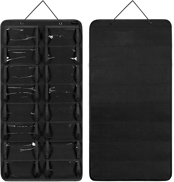 AROUY Sunglasses Organizer Storage, Hanging Dust Proof Wall Pocket Glasses Organizer - 16 Felt Slots Sunglass Organizer Holder with Metal Hook and Sturdy Rope (Black, Dust Proof)-NeatNest