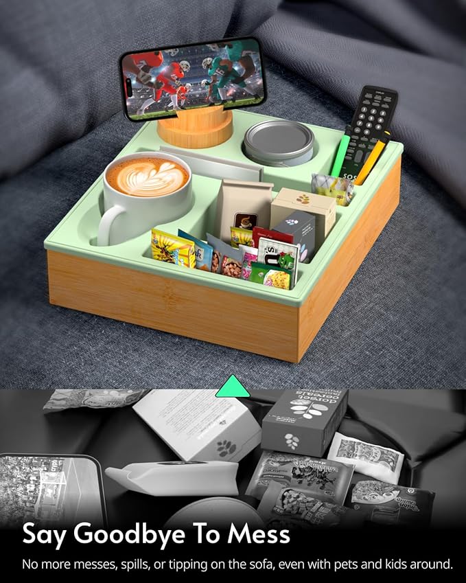 Couch Cup Holder Tray - Couch Organizer Caddy, Silicone Beach Caddy with Cup Holder, Sofa and Bed Drink Holder and Couch Tray Table for Snacks Beverage Remote (Green)-NeatNest