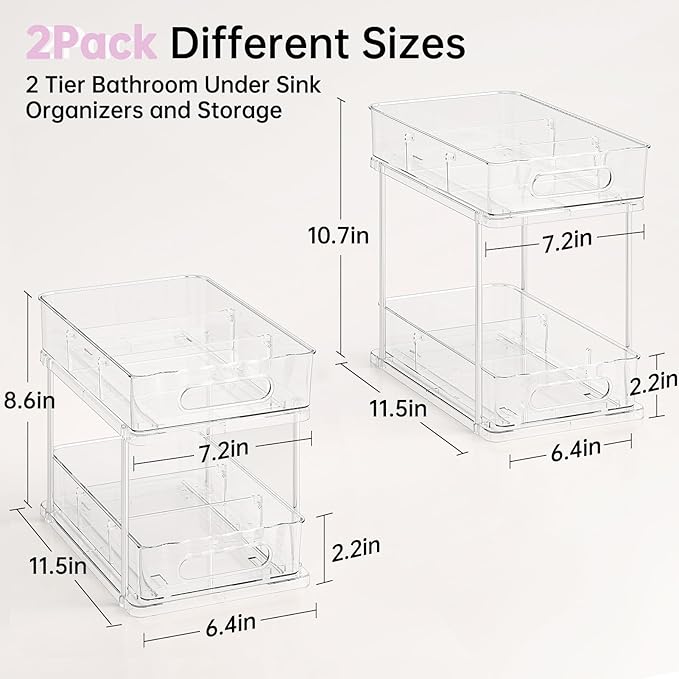 Delamu 2 Pack Snap-Lock Bathroom Under Sink Organizers and Storage, 2 Tier Pull Out Medicine Bathroom Cabinet Organizer, Multi-Purpose Kitchen Pantry Organization and Storage with Movable Divider-NeatNest