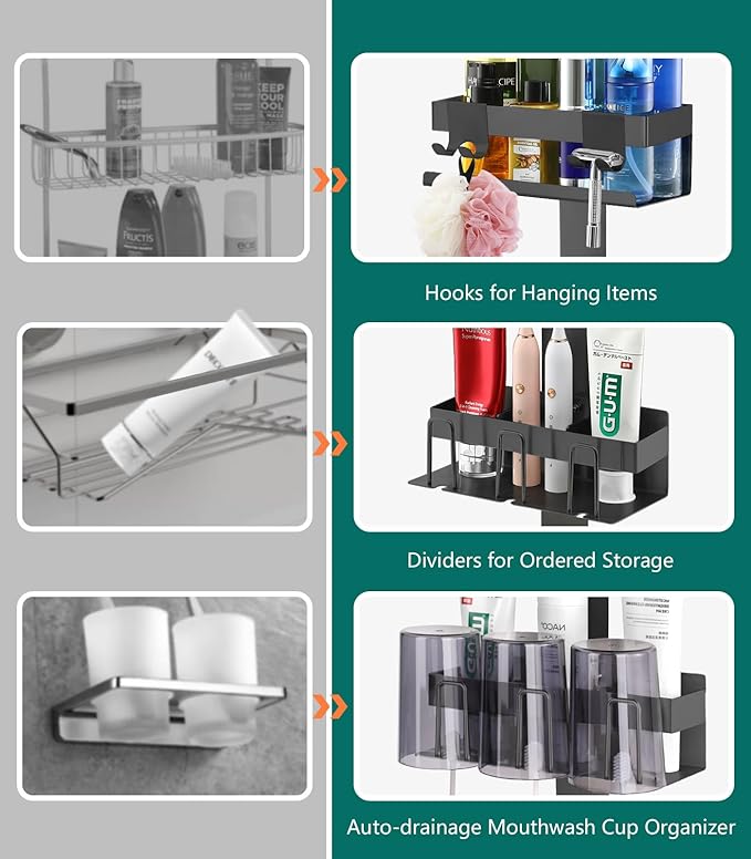 Over The Door Shower Caddy 2 Tier, 304 Stainless Steel Hanging Shower Caddy Rustproof Shower Shelves, No Drilling Hanging Shower Organizer for Bathroom Glass Door, Black