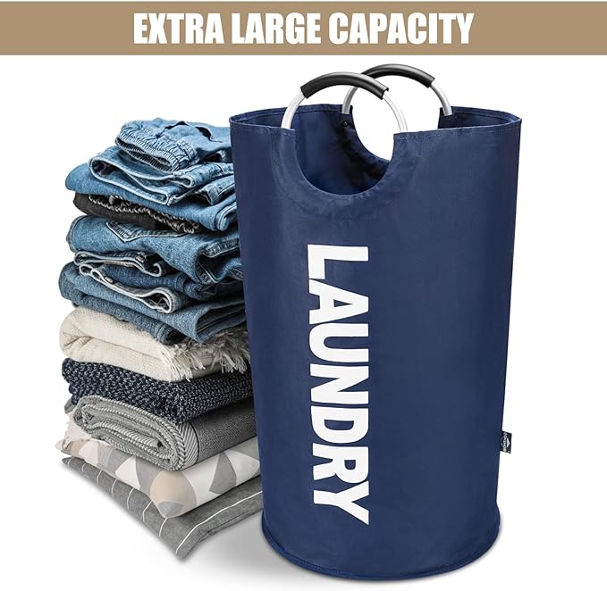 DOKEHOM 90L Large Laundry Basket, Collapsible Laundry Bag, Freestanding Tall Clothes Hamper, Foldable Washing Bin (Dark Blue)-NeatNest