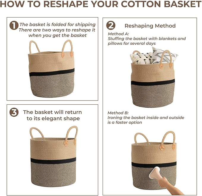 CHICVITA Extra Large Jute Woven Storage Basket with Handles – Laundry Basket Toy Towels Blanket Basket Home Decor Gift, 16" x 16", Black-NeatNest