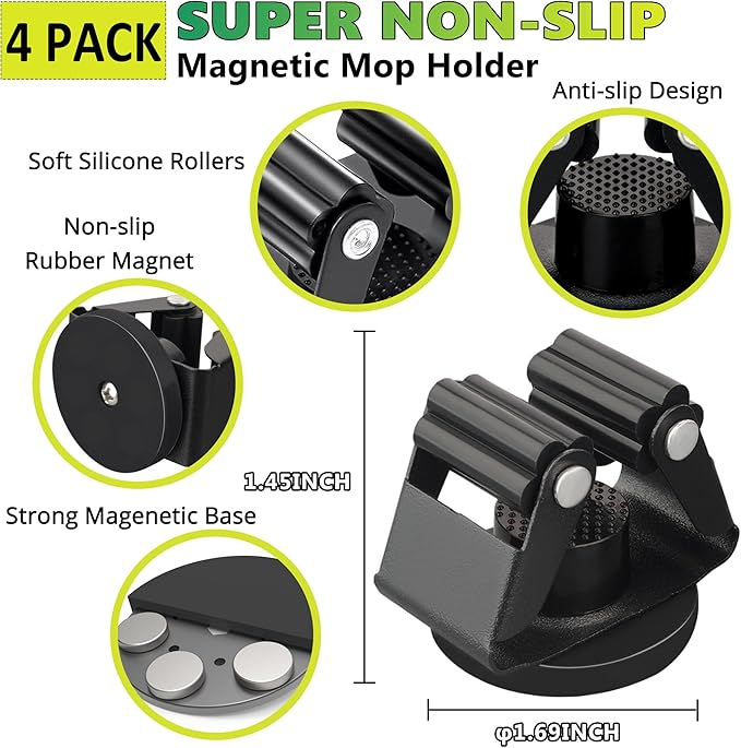 ULIBERMAGNET Magnetic Shovel Mop Broom Holder,Heavy Duty Movable Magnetic Broom Holder Rack,Anti-slip Wall Mounted Utility Storage Mop Shovel Hanger for Garage, Kitchen, Laundry, Garden(4 Pack/Black)