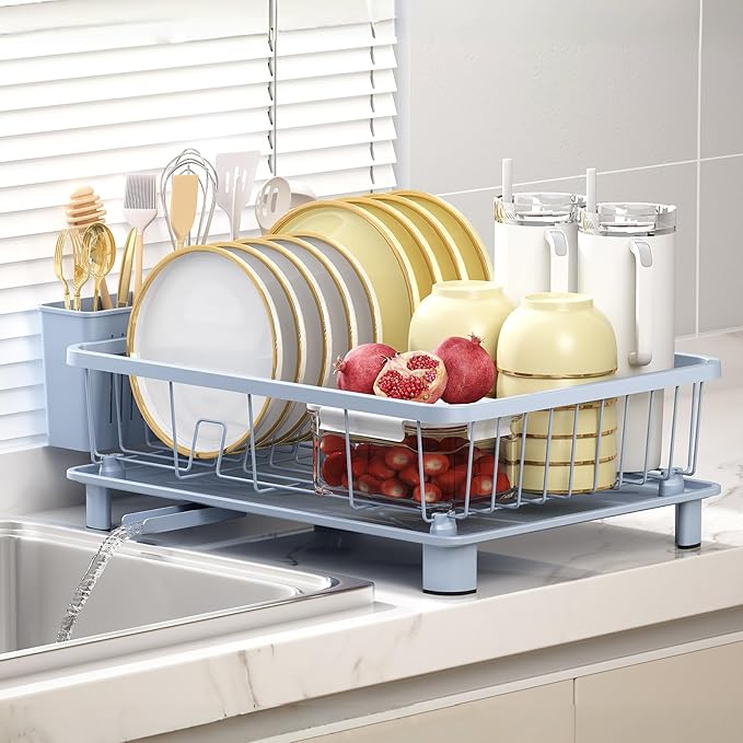 Blue Dish Drying Rack, Dish Rack,Space-Saving Dish Racks for Kitchen Counter with Utensil Holder,Gifts for Women Mothers Day, Kitchen Gadgets & Decor-NeatNest